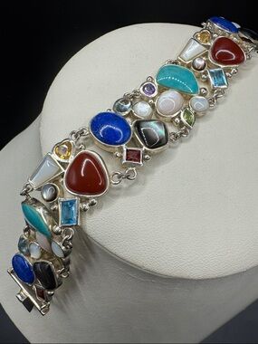 Multi-Gemstone Sterling Silver Bracelet - Colorful Mixed Stones 7.5 inches 46g